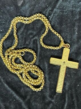 Stainless Steel Gold Tone Prayer Cross Necklace NWOT
